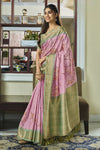 Light Pink Banarasi Soft Silk Saree With Floral Prints