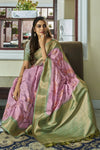 Light Pink Banarasi Soft Silk Saree With Floral Prints