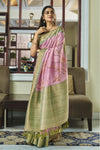 Light Pink Banarasi Soft Silk Saree With Floral Prints