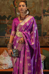 Light Purple Tanchoi Handloom Weaving Satin Saree