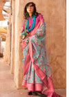 Light Sky Blue Georgette Printed Saree With Pink Border