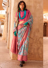 Light Sky Blue Georgette Printed Saree With Pink Border