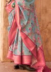 Light Sky Blue Georgette Printed Saree With Pink Border