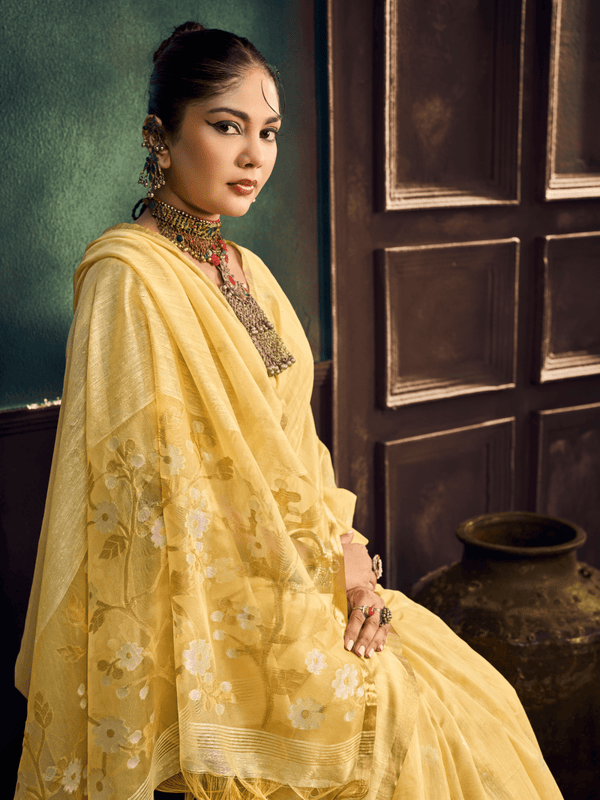 Light Yellow Handloom Jamdani Slub Cotton Saree