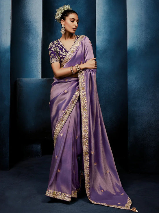 Lilac Designer Silk Saree with Contrast Deep Purple Blouse