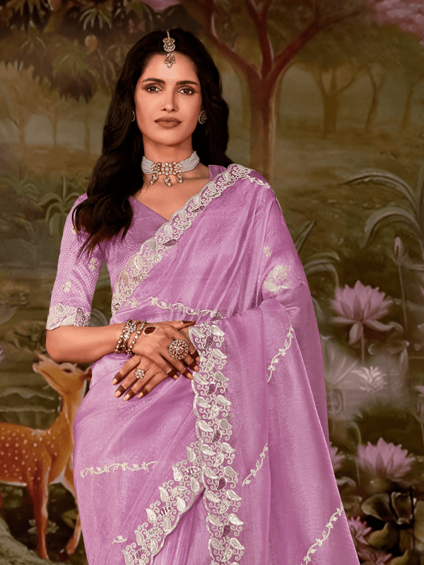 Lilac Embroidered Designer Organza Silk Saree