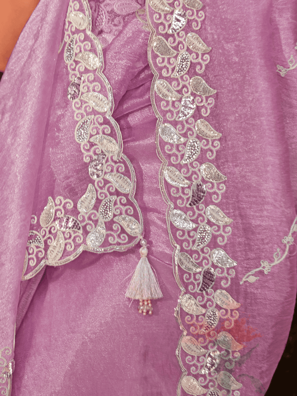 Lilac Embroidered Designer Organza Silk Saree