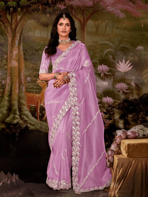 Lilac Embroidered Designer Organza Silk Saree