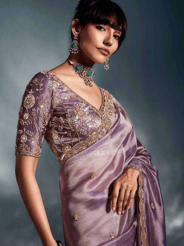 Lilac Embroidered Designer Tissue Organza Silk Saree