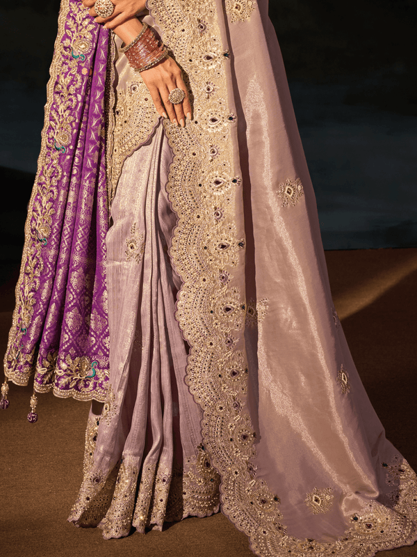 Lilac Embroidered Designer Tissue Silk Saree