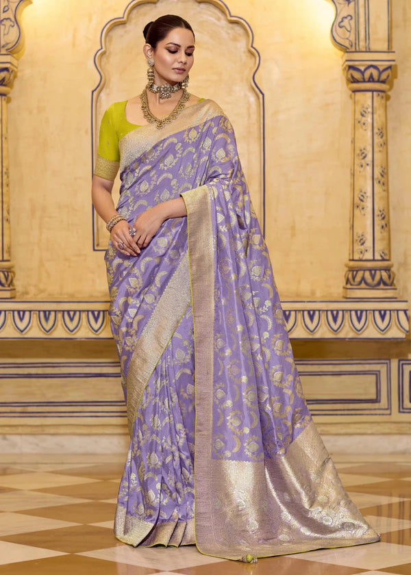 Lilac Lavender Banarasi Crepe Silk Saree with Parrot Green Contrast Blouse