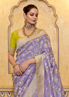 Lilac Lavender Banarasi Crepe Silk Saree with Parrot Green Contrast Blouse