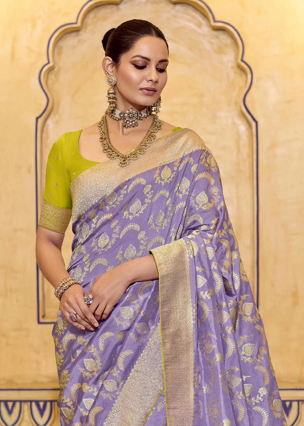 Lilac Lavender Banarasi Crepe Silk Saree with Parrot Green Contrast Blouse