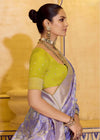Lilac Lavender Banarasi Crepe Silk Saree with Parrot Green Contrast Blouse