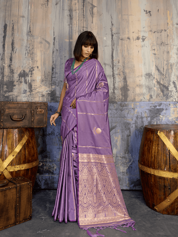 Lilac Purple Banarasi Satin Silk Saree