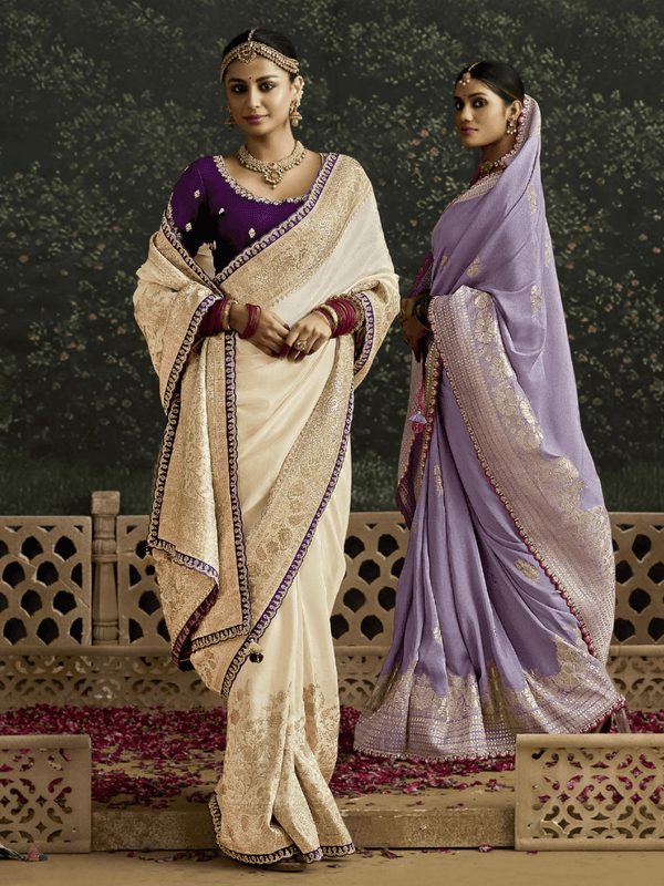 Lilac Purple Designer Banarasi Dola Silk Saree With Golden Zari Work