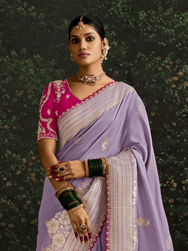 Lilac Purple Designer Banarasi Dola Silk Saree With Golden Zari Work
