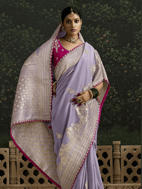 Lilac Purple Designer Banarasi Dola Silk Saree With Golden Zari Work