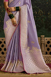 Lilac Purple Designer Banarasi Dola Silk Saree With Golden Zari Work