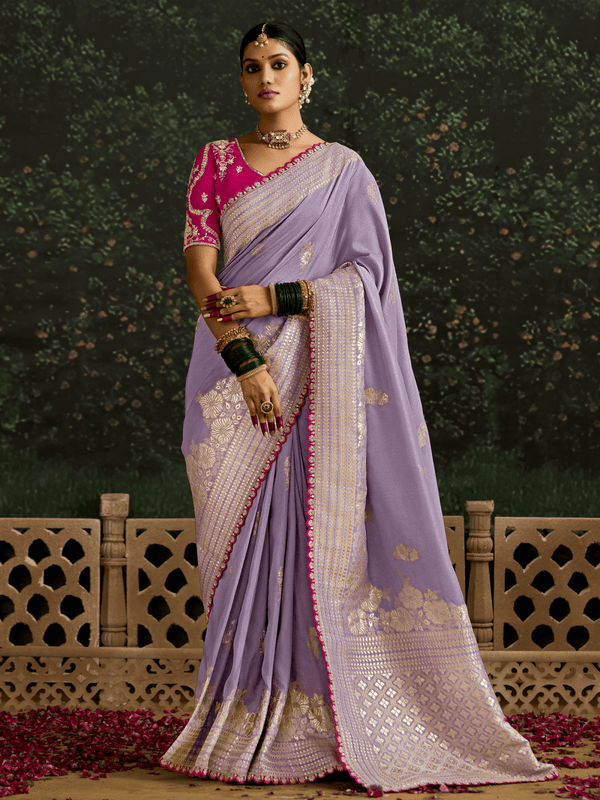 Lilac Purple Designer Banarasi Dola Silk Saree With Golden Zari Work