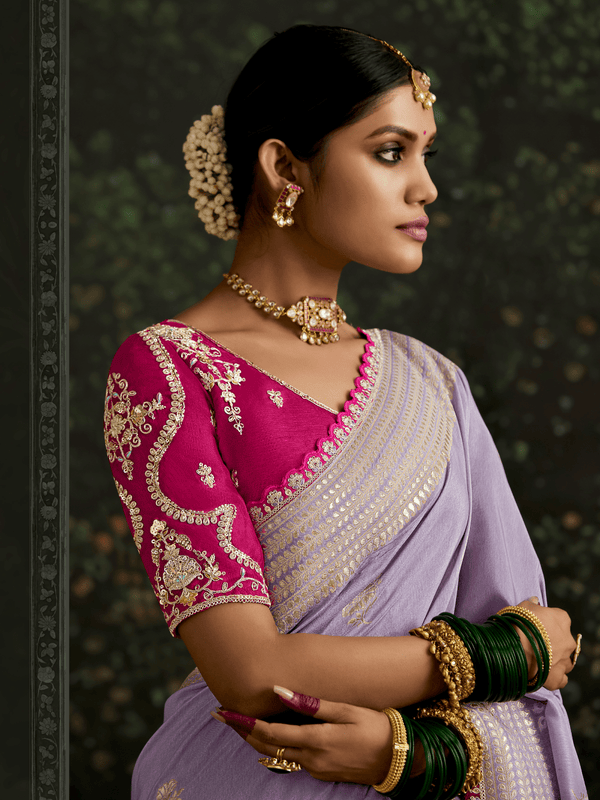 Lilac Purple Designer Banarasi Dola Silk Saree With Golden Zari Work