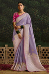 Lilac Purple Designer Banarasi Dola Silk Saree With Golden Zari Work