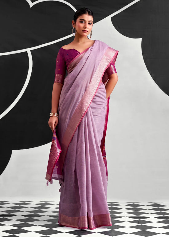 Lilac Purple Woven Designer Linen Cotton Saree