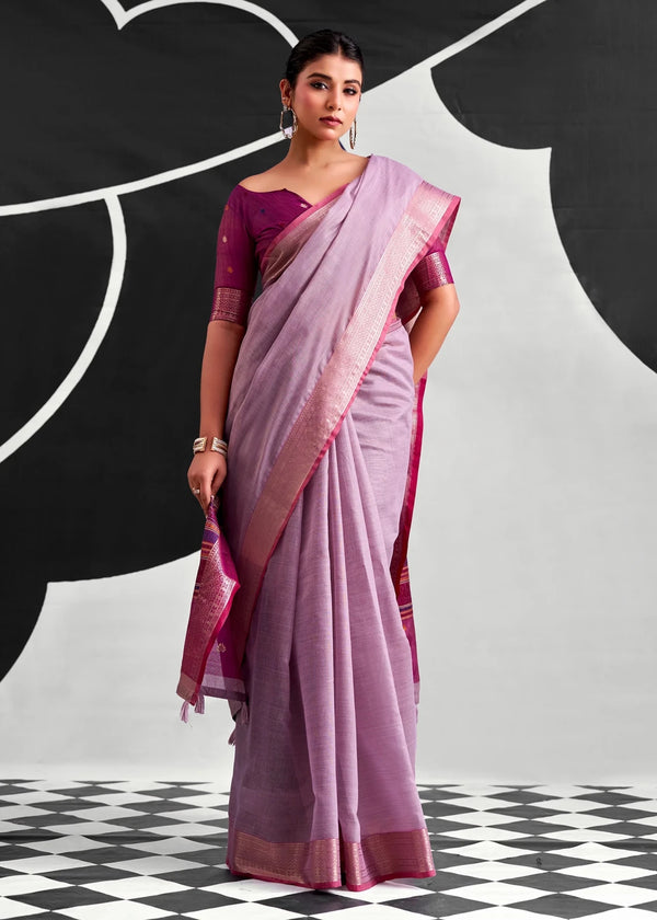 Lilac Purple Woven Designer Linen Cotton Saree