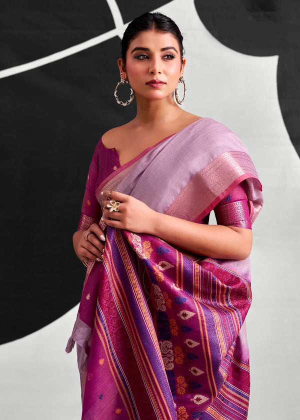 Lilac Purple Woven Designer Linen Cotton Saree