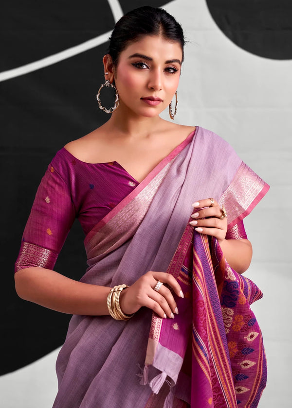 Lilac Purple Woven Designer Linen Cotton Saree