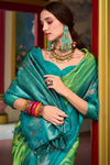 Lime Green and Teal Blue Banarasi Soft Silk Saree