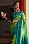 Lime Green and Teal Blue Banarasi Soft Silk Saree