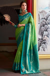 Lime Green and Teal Blue Banarasi Soft Silk Saree