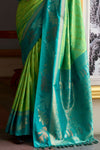 Lime Green and Teal Blue Banarasi Soft Silk Saree