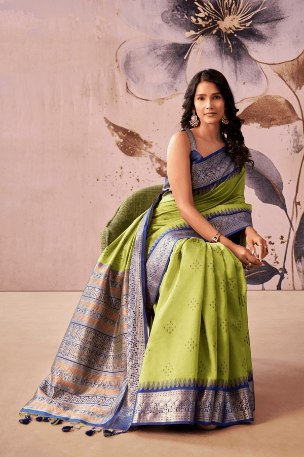 Lime Green Banarasi Cotton Silk Saree