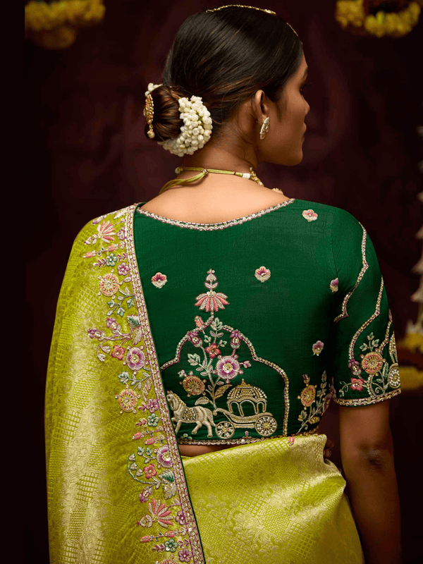 Lime Green Banarasi Designer Silk Saree With Contrast Blouse