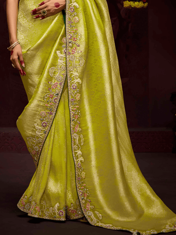 Lime Green Banarasi Designer Silk Saree With Contrast Blouse