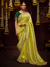 Lime Green Banarasi Designer Silk Saree With Contrast Blouse
