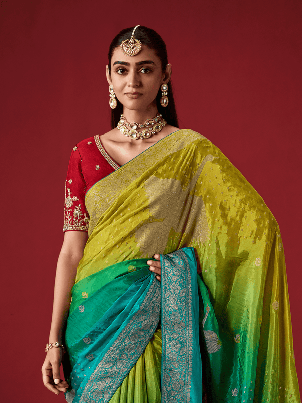 Lime Green Banarasi Dola Silk Saree With Contrast Blouse