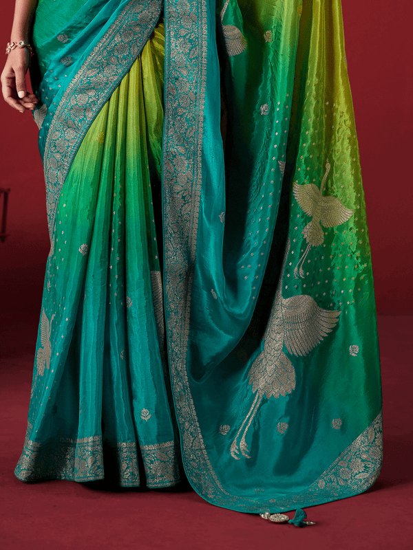 Lime Green Banarasi Dola Silk Saree With Contrast Blouse