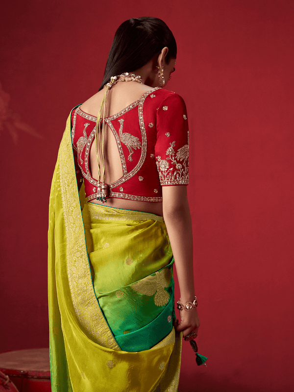 Lime Green Banarasi Dola Silk Saree With Contrast Blouse