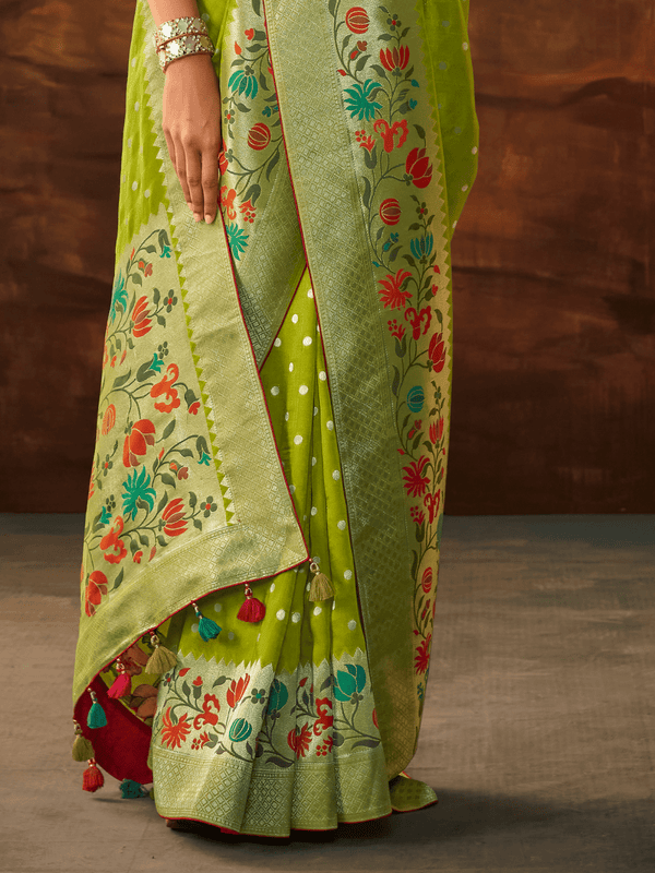 Lime Green Banarasi Organza Silk Saree With Contrast Blouse