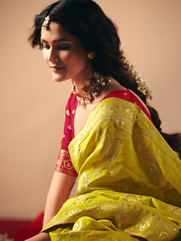 Lime Green Banarasi Silk Saree With Contrast Blouse