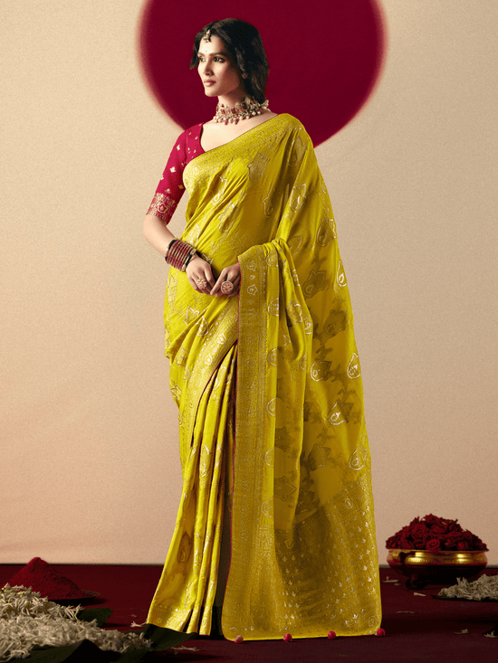 Lime Green Banarasi Silk Saree With Contrast Blouse