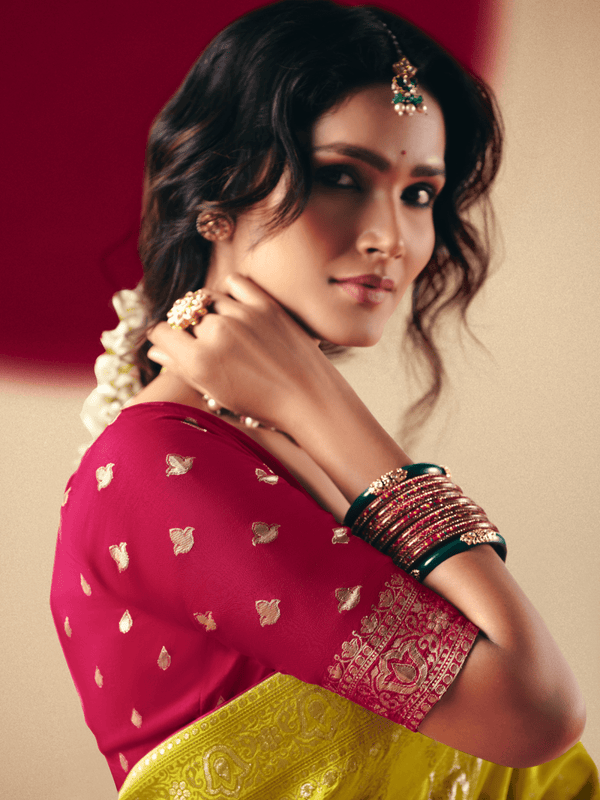 Lime Green Banarasi Silk Saree With Contrast Blouse