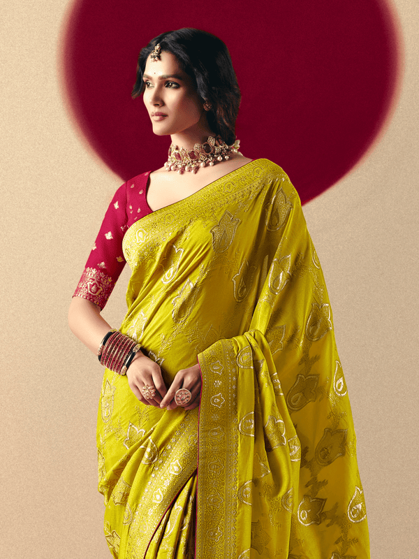 Lime Green Banarasi Silk Saree With Contrast Blouse
