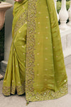 Lime Green Banarasi Tissue Silk Saree With Embroidery