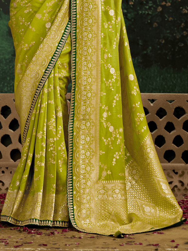 Lime Green Designer Banarasi Dola Silk Saree With Golden Zari Work