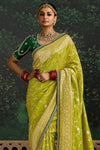 Lime Green Designer Banarasi Dola Silk Saree With Golden Zari Work