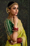 Lime Green Designer Banarasi Dola Silk Saree With Golden Zari Work